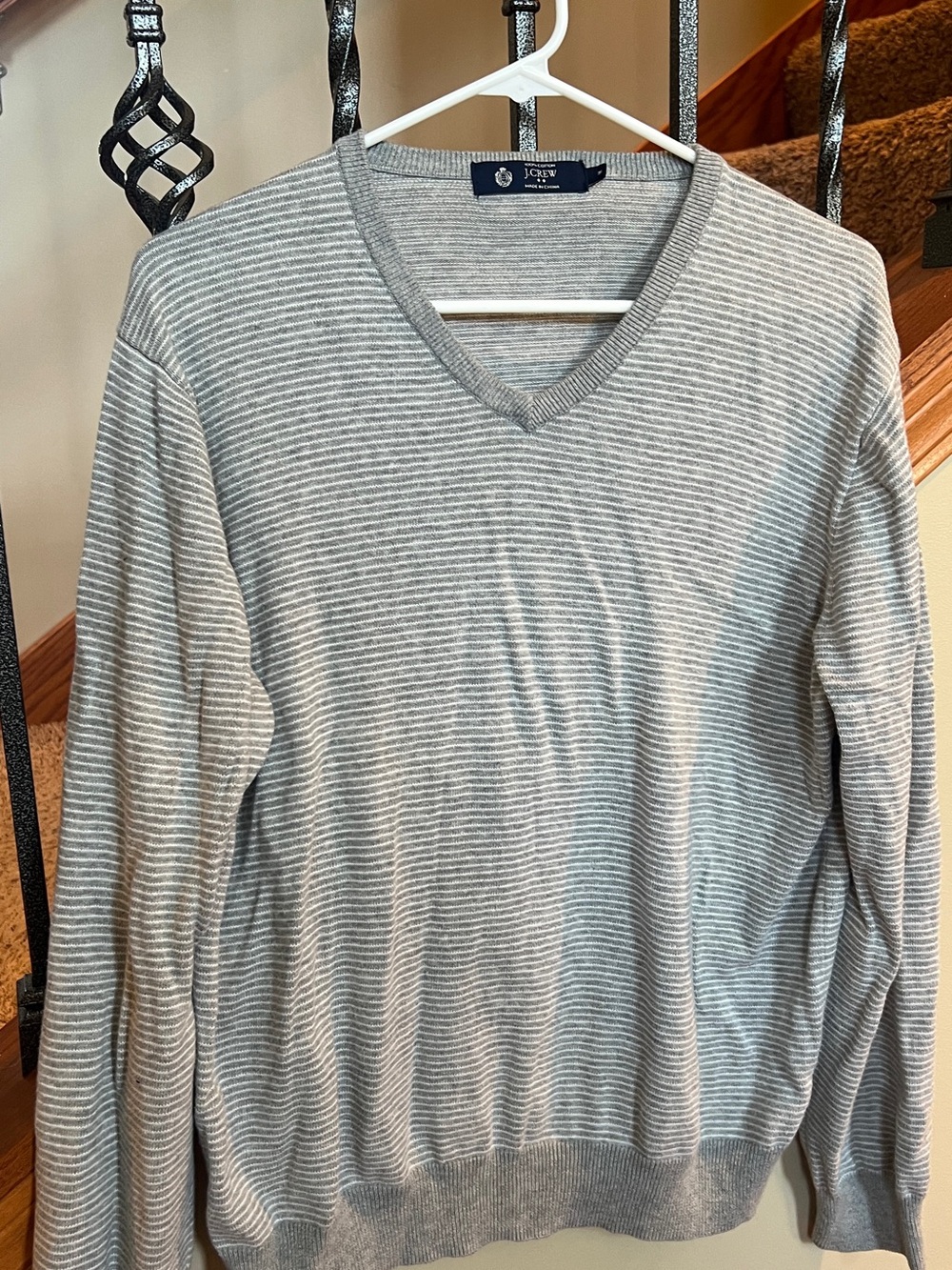 J. Crew Men's Light Gray & White Striped V-Neck Sweater
